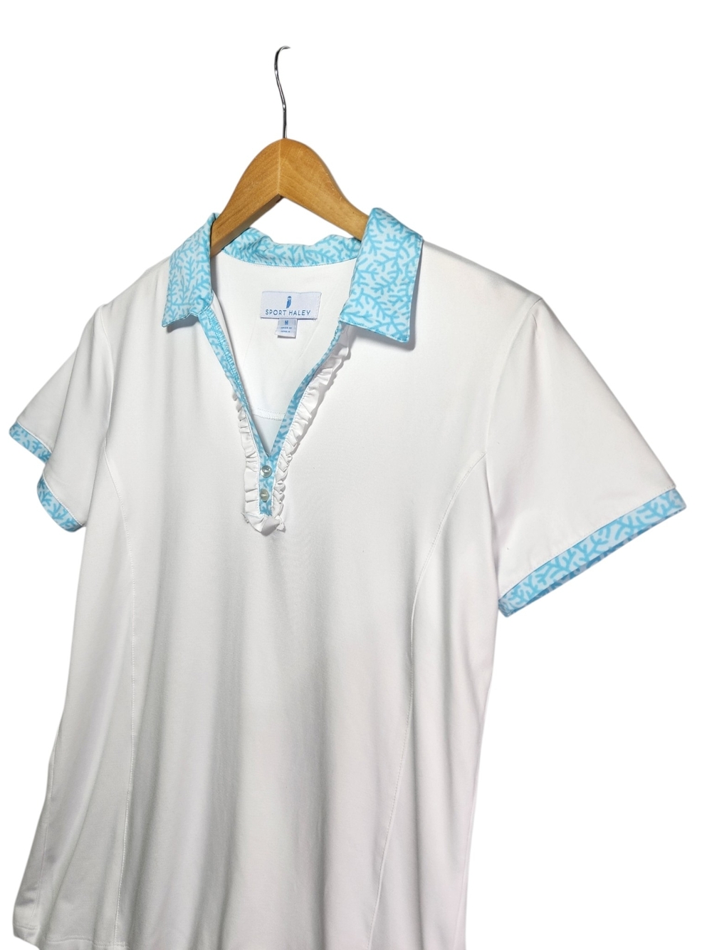 Sport Haley Golf Polo Shirt Womens Medium White Aqua Coral Trim Ruffle Stretch - Picture 4 of 12